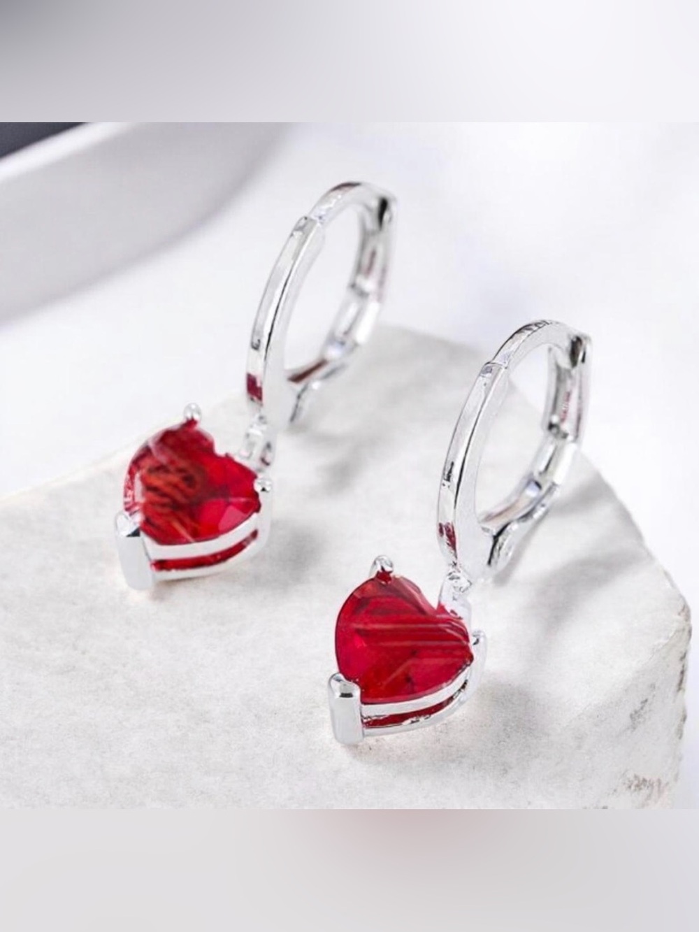 Silver Heart Drop Earrings with Red Gem